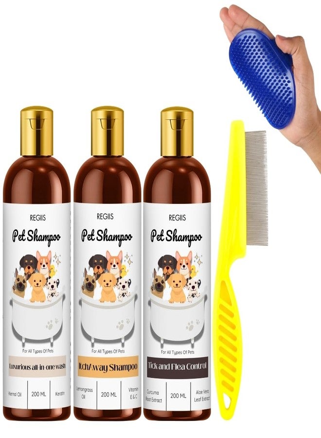 مجموعة شامبو الكلاب من ريجيس، عبوة من 3 قطع، شامبو للحيوانات الأليفة مع أدوات العناية، غسول شامل، تخفيف الحكة، تركيبة للتحكم في القراد والبراغيث، زجاجات سعة 200 مل، تتضمن فرشاة ومشط (عبوة من 5 قطع) - Image 1